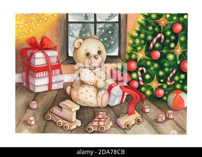 Weihnachten Märchen Illustration. Teddybär, Geschenke und ein Weihnachtsbaum Stockfoto