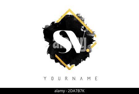 SV S V Buchstaben Logo Design mit schwarzer Tinte Strich über Golden Square Frame Vektor Illustration. Stock Vektor