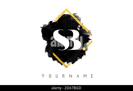 SB S B Buchstaben Logo Design mit schwarzer Tinte Strich über Golden Square Frame Vektor Illustration. Stock Vektor