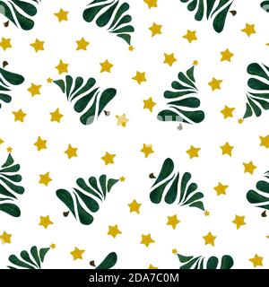 Abstrakter Weihnachtshintergrund mit immergrünen Baum und gelben Sternen, fröhliche nahtlose Illustration für Hintergründe, Verpackung oder Stoff, Winterferien Stockfoto