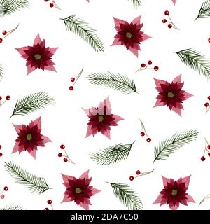 Aquarell Weihnachten Muster mit Weihnachtsblumen, Tannenzweigen und Beeren, Weihnachten und Winter Urlaub Dekoration für Stoff drucken, Verpackung Stockfoto