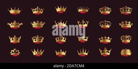 Vektor goldenen König Kronen Symbole auf schwarzem Hintergrund. Vektorgrafik. Emblem, Symbol und Royal Symbole. Stock Vektor