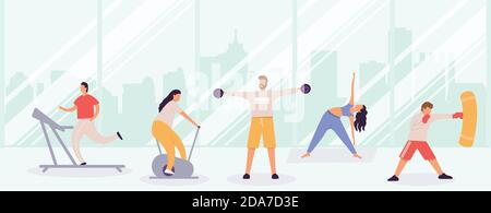 Menschen, die im Fitnessstudio trainieren, Männer und Frauen, die im Blick auf die Stadt trainieren, Training und Sport Aktivität Vektor flache Illustration Stock Vektor