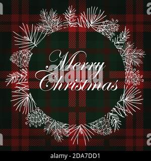 Frohe Weihnachten Grußkarte, Einladung. Handgezeichneter weißer Blumenkranz. Tannenzweige, Tannenzapfen Girlande Mistel mit Text über Tartan Stock Vektor