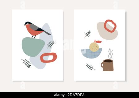 Set von Weihnachts skandinavischen Grußkarten, Einladungen. Bullfinch Vogel siting, Tannenzweige und Tasse Kaffee abstrakte geometrische Formen. Retro Stock Vektor