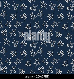 Elegantes handgezeichnetes weihnachtliches nahtloses Muster mit goldener Mistel und dunkelblauem Hintergrund. Winterdesign für Textil, Geschenkpapier oder Stock Vektor