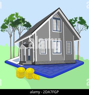 Das Konzept einer Hypothek. Hypothekendarlehen oder Investitionen in Immobilien. Zu Hause. Geld. Rechner. Vektor Stock Vektor