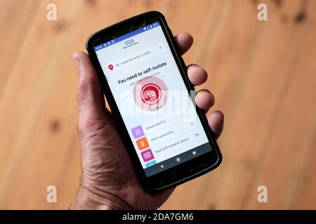 Die NHS Test and Trace App blinkt eine Selbstisolierung Warnung auf einem Smartphone. 10/11/2020. Foto: Stuart Boulton. Stockfoto