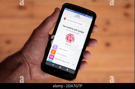 Die NHS Test and Trace App blinkt eine Selbstisolierung Warnung auf einem Smartphone. 10/11/2020. Foto: Stuart Boulton. Stockfoto