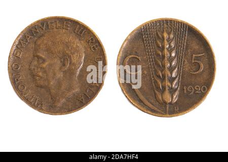 Italien Italien Italia Centesimi Victor Emanuel III Lire 1920 alt Münzen Stockfoto