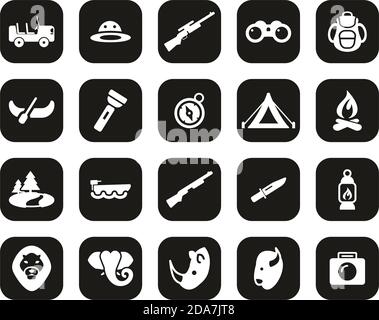 Safari Oder Jagd Icons Weiß Auf Schwarz Flat Design Set Groß Stock Vektor