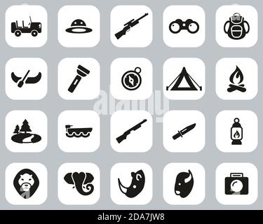 Safari Oder Jagd Icons Schwarz & Weiß Flat Design Set Groß Stock Vektor
