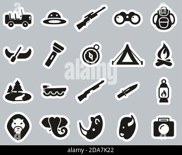 Safari Oder Jagd Icons Schwarz & Weiß Sticker Set Groß Stock Vektor
