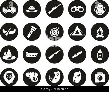 Safari Oder Jagd Icons Weiß Auf Schwarzem Flachen Design Kreis Groß Einstellen Stock Vektor