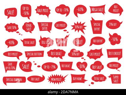 Rote Sprechblase mit Verkaufsphrasen - Comic-Comic-Blasen und Wolken mit Sprechphrasen. Stock Vektor