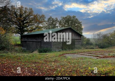 Ein Nebengebäude aus braunem Holz und einem grünen Dach. Es liegt in der Nähe von Malente. Stockfoto