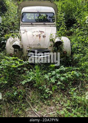 Les Contamines-Montjoie, Frankreich - Juli 29 2019: Ein alter, beigefarbener, rostiger citroen 2cv-LKW, der im Alpenwald verlassene. Stockfoto