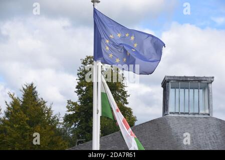 Die EU-Flagge flattert vor der walisischen Flagge In diesem Foto in Lampeter aufgenommen Stockfoto