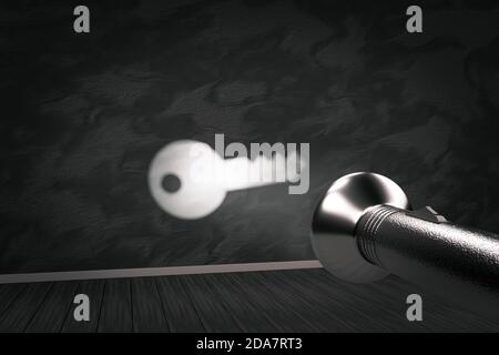 Eine Taschenlampe zeigt die Form des Schlüssels an der Wand. Finden Sie die Lösung für das Problem mit Hilfe von Schlüssel Erfolg. Wissen. 3d-Illustration Stockfoto