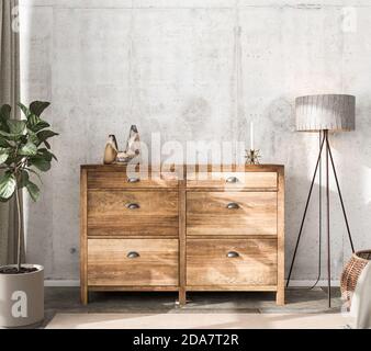 Interior Scene Mockup: Hölzerne Anrichte mit Vasen und einer Kerze auf der Oberseite. Stehleuchte und Feigenbaum, Vorhang und Rattan Korb mit Decke an den Seiten. Stockfoto