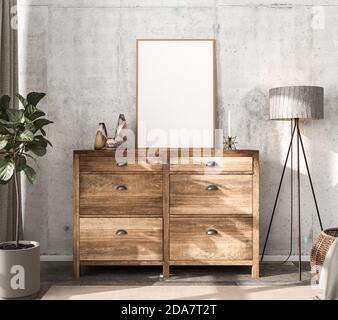 Interior Scene Mockup: Hölzerne Sideboard mit leerem Bilderrahmen, Vasen und eine Kerze auf der Oberseite. Stehleuchte und Feigenbaum, Vorhang und Rattan Korb mit Stockfoto