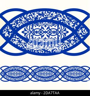 Majolika-Keramikfliesen, blaues und weißes Azulejo, original traditionelle portugiesische und spanische Einrichtung. Nahtlose Grenze mit viktorianischen Motiven. Vektor. Stock Vektor