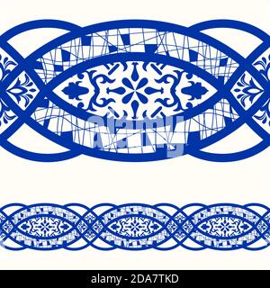 Majolika-Keramikfliesen, blaues und weißes Azulejo, original traditionelle portugiesische und spanische Einrichtung. Nahtlose Grenze mit viktorianischen Motiven. Vektor. Stock Vektor