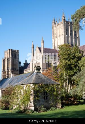 Blick auf die Kathedrale von Wells vom Garten des Bishop's Palace in Wells, Somerset UK. Stockfoto