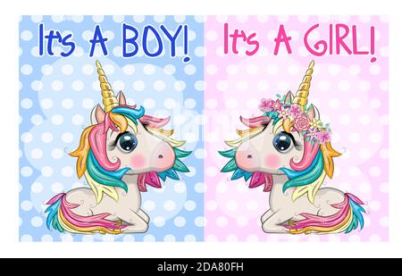 Baby Dusche Grußkarte mit niedlichen Cartoon Einhorn Mädchen und Junge Stock Vektor