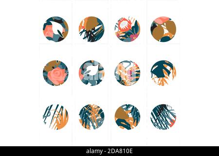 Bohemian bunte Blumen instagram Geschichten Highlights. Boho instagram Story covers. Isoliert auf weißem Hintergrund Stock Vektor