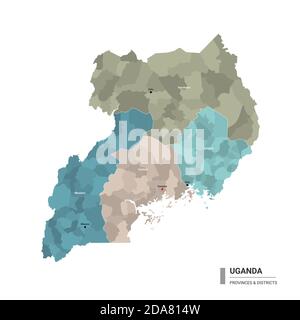 Uganda hat detaillierte Karte mit Unterteilungen. Verwaltungskarte von Uganda mit Bezirken und Stadtnamen, farbig nach Bundesstaaten und Verwaltungsbezirken Stock Vektor