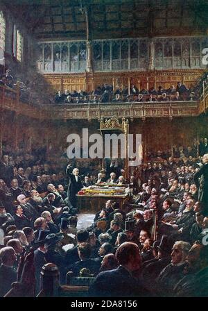 WILLIAM EWART GLADSTONE (1809-1898) als Premierminister, der am 13. Februar 1893 dem Unterhaus das zweite irische Hausgesetz vorstellte. Stockfoto