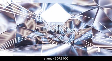 Abstrakte Retro Silber geometrische Form mit blauen Lichtern und weiß 3D-Darstellung im Hintergrund Stockfoto