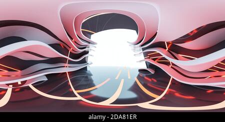 360 voll equirechteckige Panorama dunkel abstrakt Metall Stahl Halle futuristisch Beleuchtung 3d Rendering Illustration Stockfoto