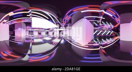 360 voll equirechteckige Panorama dunkel abstrakt Metall Stahl Halle futuristisch Beleuchtung 3d Rendering Illustration Stockfoto