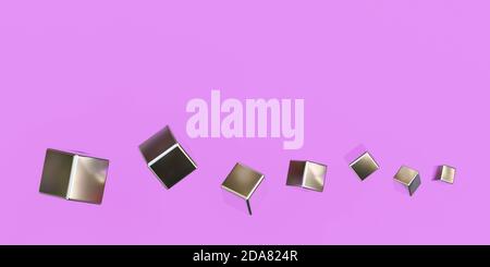 Verschiedene fliegende abstrakte Metallwürfel auf rosa Hintergrund 3d-Rendering Abbildung Stockfoto