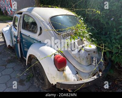 16. April 2020. Florianópolis, Santa Catarina, Brasilien. Ein alter, ungenutzter Käfer, der auf der Straße verlassen wurde, voller Pflanzen. Stockfoto