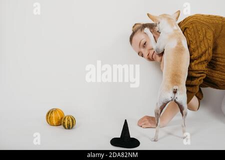 Halloween Kostüm für Haustier. Niedlicher Halloween Hund Spielzeug Terrier in Hexenhut und mit Kürbissen auf weißem Hintergrund. Kleiner Hund, der in einem Hexenhut sitzt Stockfoto