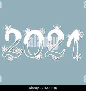 2021 mit Schneeflocken. Lasercut. Legen Sie die Schablone für Laserschneiden und Plotter fest. Vektorgrafik. Muster für den Laserschnitt, Töpfer und Siebdruck Stock Vektor