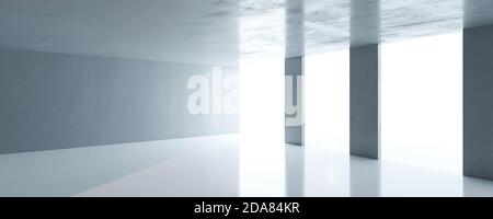 Abstrakt leeres Loft-Stil Betonzimmer mit großen Fenstern und Sunlight 3d-Architektur Rendering Illustration Stockfoto