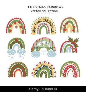 Weihnachten Regenbogen Vektor-Set. Trendige Kinderzimmer Icon Kollektion. Winterurlaub festliche traditionelle Illustrationen für Kinder drucken und Weihnachtsgrüße. Stock Vektor