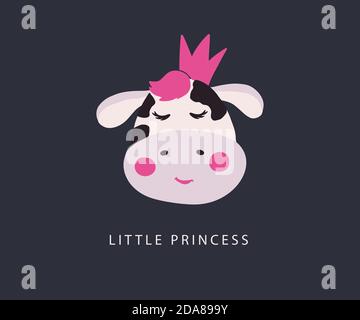 Niedliche Vektor Kuh Gesicht. Tierkopf mit Kronenkarte. Neujahrszeichen 2021. Lustige Kind Mädchen Cartoon-Kunst. Stock Vektor