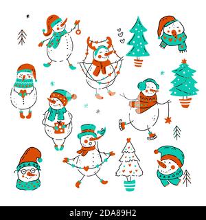 Schneemann Icon Set. Weihnachtskollektion. Vektorgrafik Winterurlaub. Frohe Weihnachten handgezeichnete Karte im Doodle-Stil. Traditionelles Neujahrssymbol. Stock Vektor