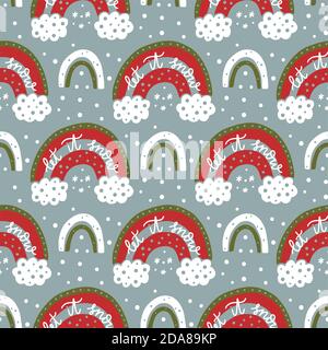 Weihnachten Regenbogen Vektor nahtlose Muster. Trendige traditionelle Kinderzimmer Kinder Hintergrund. Festlicher niedlicher Winterurlaub-Print für Kinder. Lass es schneien. Stock Vektor