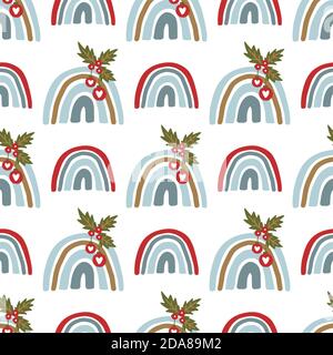 Weihnachten Regenbogen Vektor nahtlose Muster. Trendige traditionelle Kinderzimmer Kinder Hintergrund. Festlicher niedlicher Winterurlaub-Print für Kinder. Stock Vektor