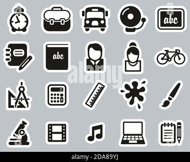 Schule Oder Bildung Icons Schwarz & Weiß Sticker Set Groß Stock Vektor