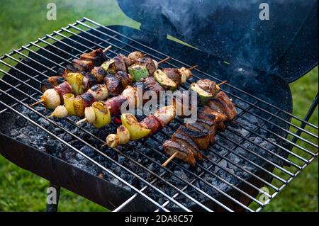 Spieße mit Gemüse, Zwiebeln, Paprika, Huhn, Kalbfleisch, Pilze und Wurst, gemischtes Fleisch. Köstliches Abendessen in der Natur Stockfoto