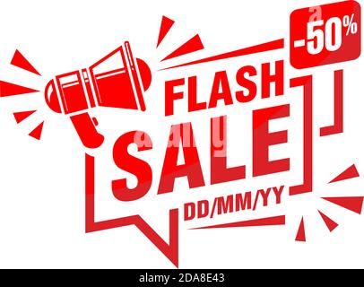 Flash Verkauf Rabatt Aufkleber mit Megaphon Vorlage Förderung. Megaphon, Ereignisdatum, Prozentsatz. Illustration, Vektor auf transparentem Hintergrund Stock Vektor