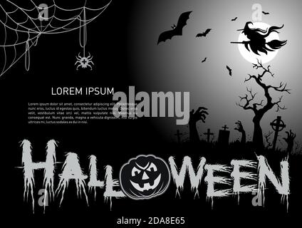 Halloween Poster mit Horror Elementen: spinne, Netz, Zombie Hände, Kürbis, Fledermaus, Hexe fliegt auf Broomstick. Abbildung, Vektor Stock Vektor