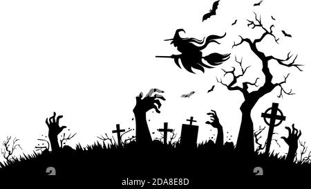 Halloween Poster mit Horror Elementen: Friedhof, Grab, Kreuz, Zombie Hände, Fledermaus, Hexe fliegt auf Broomstick. Abbildung, Vektor auf transparentem Backg Stock Vektor